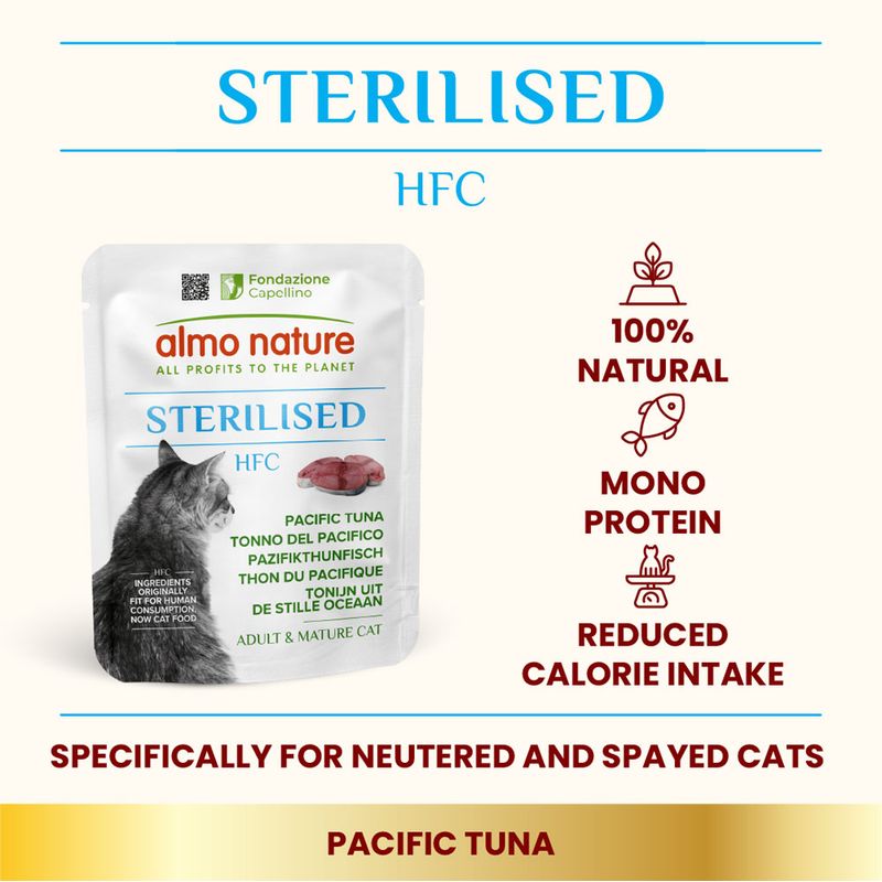 Sterilised Pacific tuna food, 100% natural, mono protein, reduced calorie intake, specifically for neutered and spayed cats. Adult and mature cat product shown.