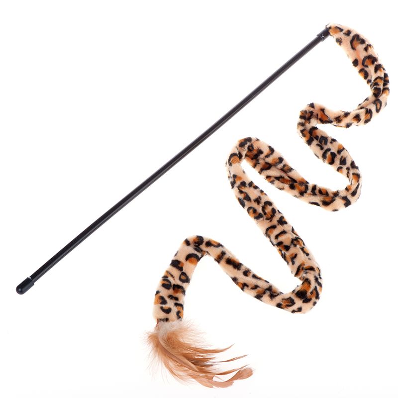 Teaser wand with leopard pattern and feather pendant, black rod.