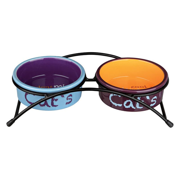 Double bowl with metal stand, two ceramic bowls in blue and orange, 'Cat's' inscription on both bowls.