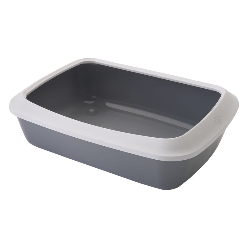 Grey plastic cat toilet with white rim, rectangular shape.
