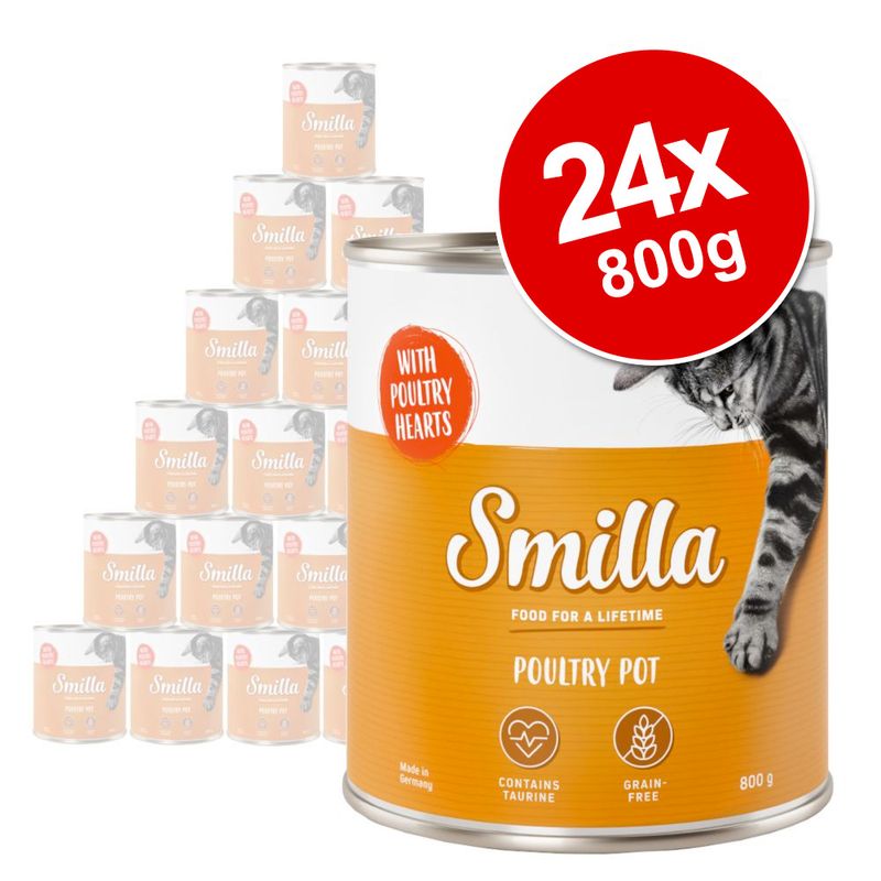 Smilla Poultry Pot cat food, with poultry hearts, 24 x 800g tins. Contains taurine, grain-free. Large orange label with cat image. Text: Food for a lifetime. Made in Germany.