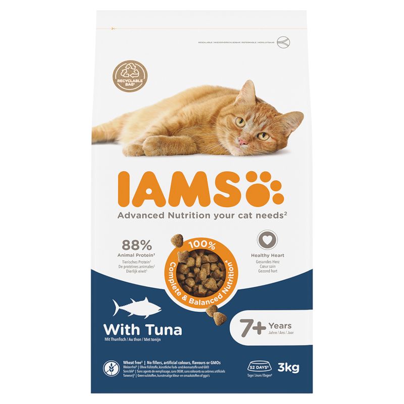 IAMS cat food with tuna, 88% animal protein, for cats from 7 years. 100% balanced nutrition, healthy heart, recyclable packaging, 3kg, no artificial additives.