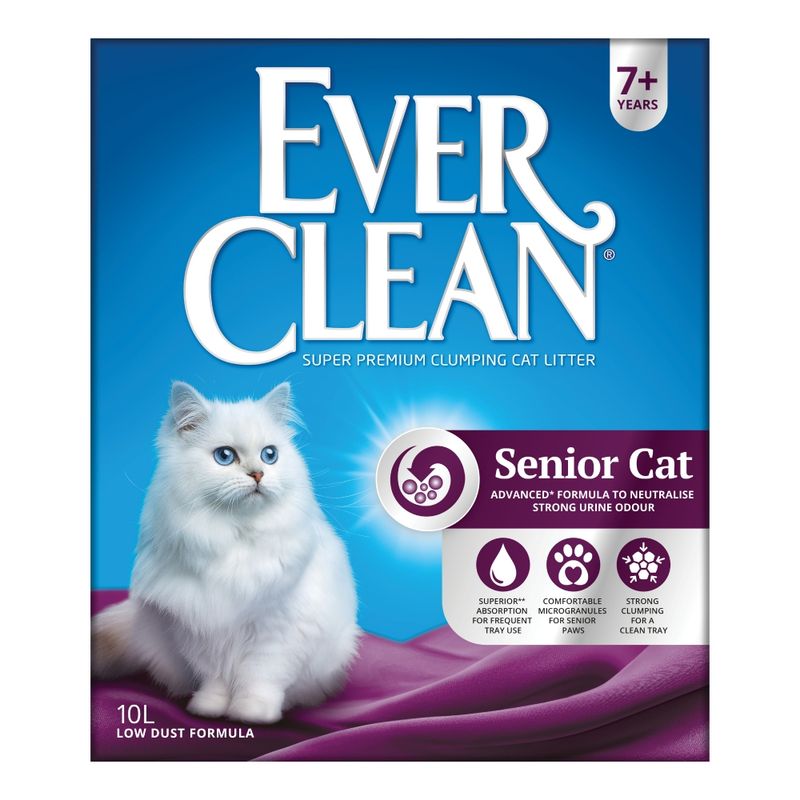 Ever Clean super premium clumping cat litter for senior cats, 7+ years. Advanced formula to neutralise strong urine odour, superior absorption, comfortable microgranules, strong clumping.