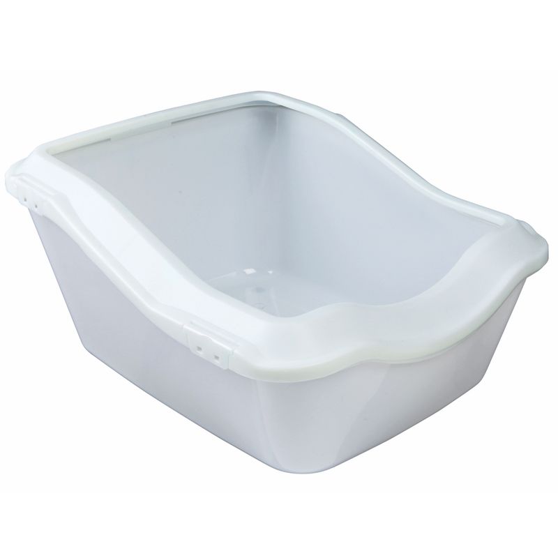 White cat litter tray with removable rim and ergonomic design.