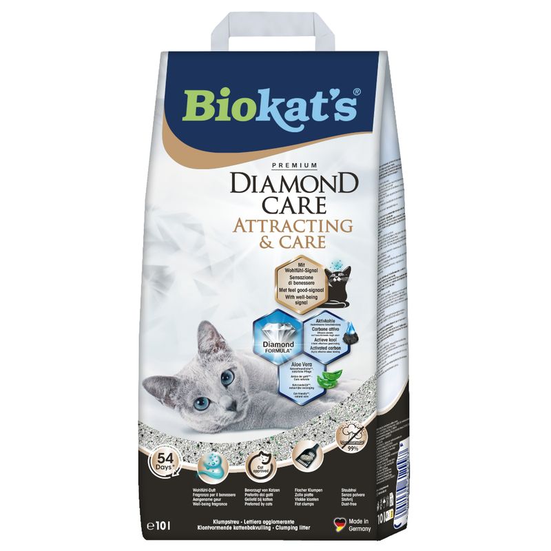 Biokat's Diamond Care Attracting & Care cat litter with comfort signal, aloe vera, activated carbon and diamond formula. Clumping, 54 days freshness, Made in Germany.