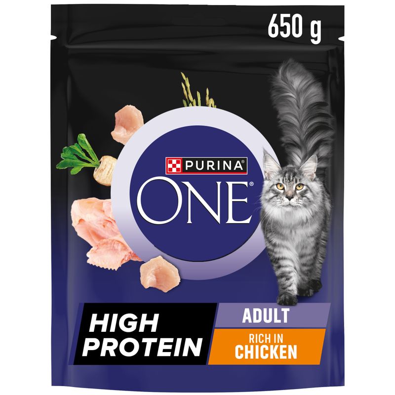 Purina ONE 650g, High Protein, Adult, Rich in Chicken. Packaging with chicken pieces and a cat.