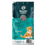 Breeder Celect cat litter made from 99% recycled paper, shows product pellets and states made in the United Kingdom. Includes icons for odour control, low dust, and no added chemicals.