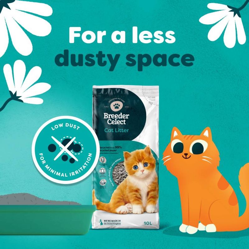 Breeder Celect Cat Litter with text stating 'For a less dusty space' and 'Low dust for minimal irritation', showing a litter tray, product bag, and illustrated cat.