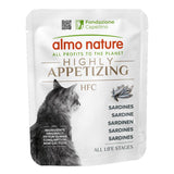 almo nature HFC cat food with sardines, suitable for all life stages. Ingredients originally for human consumption, now cat food. Fondazione Capellino logo visible.