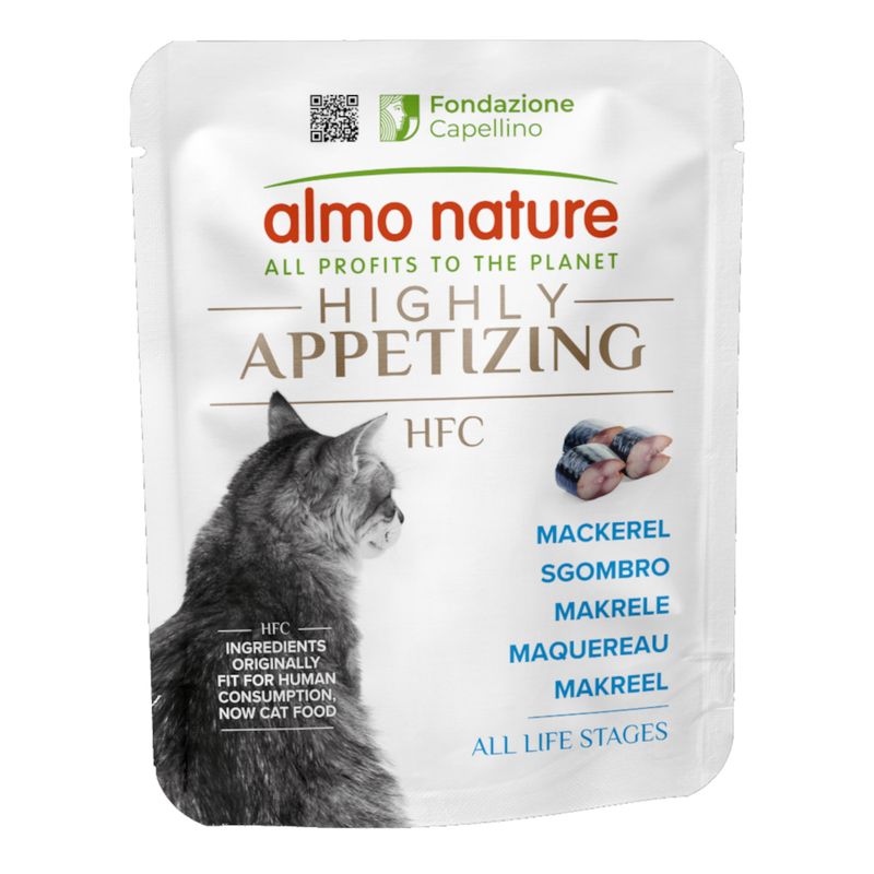 almo nature HFC cat food with mackerel, suitable for all life stages. Ingredients originally for human consumption, now cat food. Fondazione Capellino logo visible.