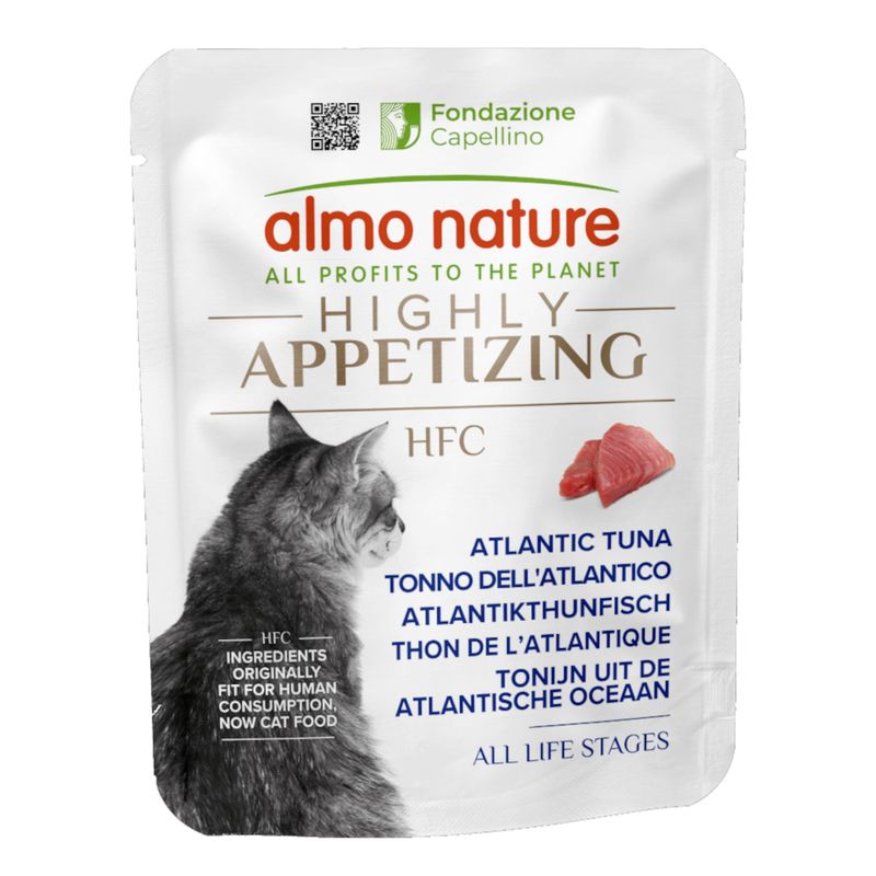 Almo Nature HFC Atlantic tuna, ingredients originally fit for human consumption, now cat food. All life stages. Fondazione Capellino logo visible.