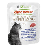 Almo Nature HFC Atlantic tuna, ingredients originally fit for human consumption, now cat food. All life stages. Fondazione Capellino logo visible.