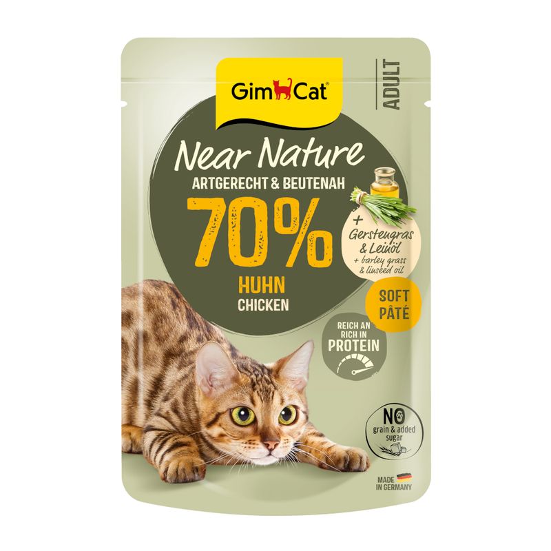 GimCat Near Nature Adult Soft Paté with 70% chicken, barley grass and linseed oil. High in protein, grain-free and no added sugar. Made in Germany.