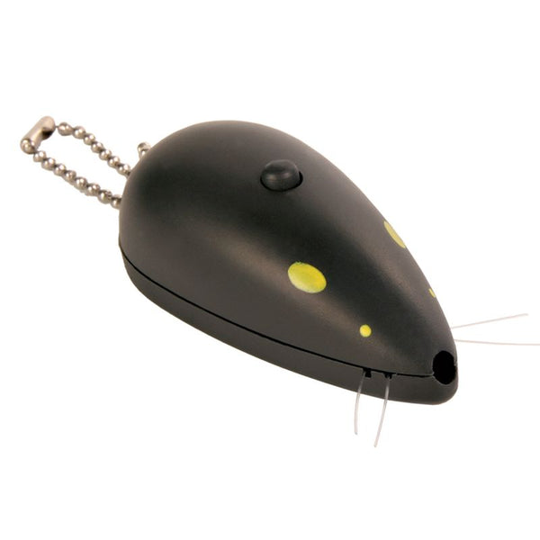 Black mouse-shaped toy with yellow dots, metal chain and button on top.