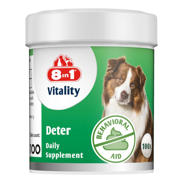 8in1 Vitality Deter Daily Supplement, behavioural aid, 100 tablets. Green label with dog image and symbol against unwanted behaviour.