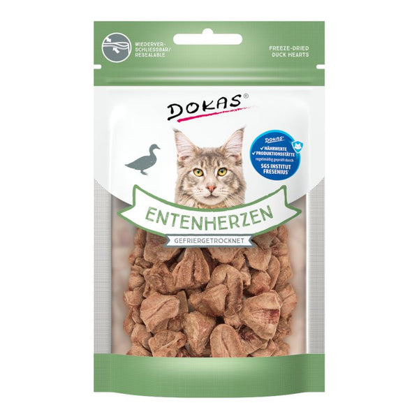 Dokas duck hearts, freeze-dried. Resealable packaging. Nutritional values tested by SGS Institut Fresenius.