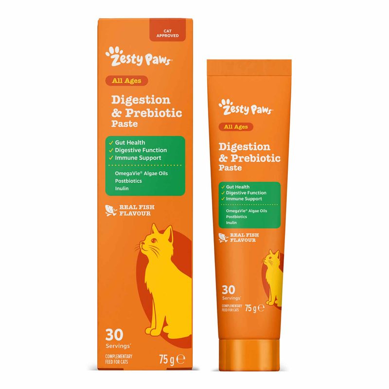 Zesty Paws Digestion & Prebiotic Paste, All Ages, 75 g, 30 servings, Real Fish Flavour, OmegaVie Algae Oils, Postbiotics, Inulin, supports digestion and immune system.