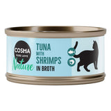 Cosma Nature Pure Love. Tuna with shrimp in broth, cat silhouette and icons for fish and shrimp on light blue can.