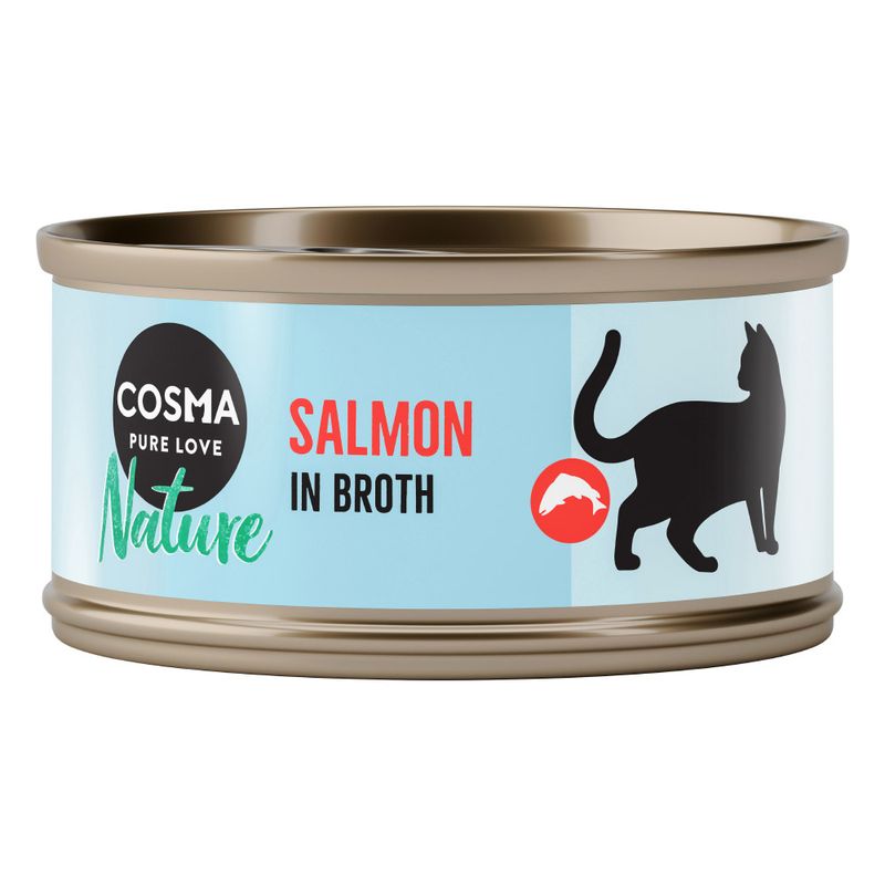 Cosma Pure Love Nature, salmon in broth. Cat silhouette and salmon symbol on light blue can.