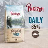Purizon Original Salmon with Chicken DAILY 65%. Composition: 65% fish, 35% other ingredients, 0% grain. 12 kg pouch shown.