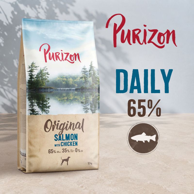 Purizon Original Salmon with Chicken DAILY 65%. Composition: 65% fish, 35% other ingredients, 0% grain. 12 kg pouch shown.