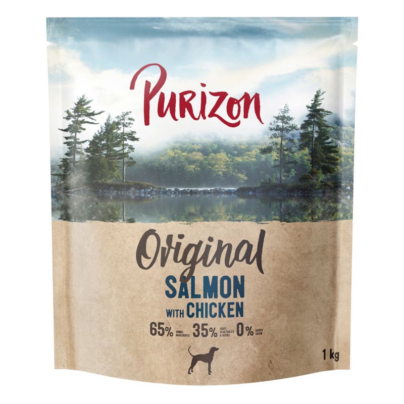 Purizon Original Salmon with Chicken, 65% animal ingredients, 35% fruit, vegetables & herbs, 0% grain, 1 kg pouch.