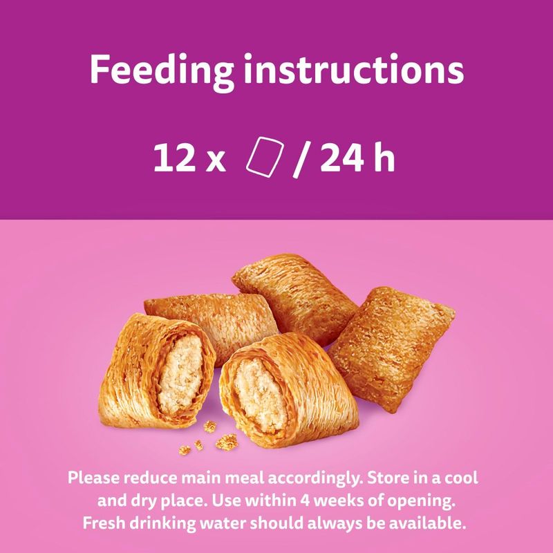 Feeding recommendation: 12 pieces per 24 hours. Reduce main meal accordingly, store in a cool, dry place, use within 4 weeks after opening, provide fresh water.
