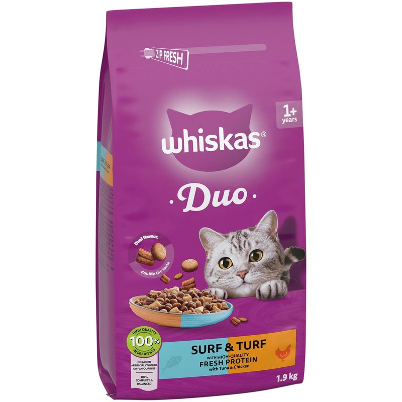 Whiskas Duo Surf & Turf Cat Food, 1+ years, 1.9 kg, with fresh protein from tuna and chicken, 100% high-quality ingredients, no artificial colours or flavourings.