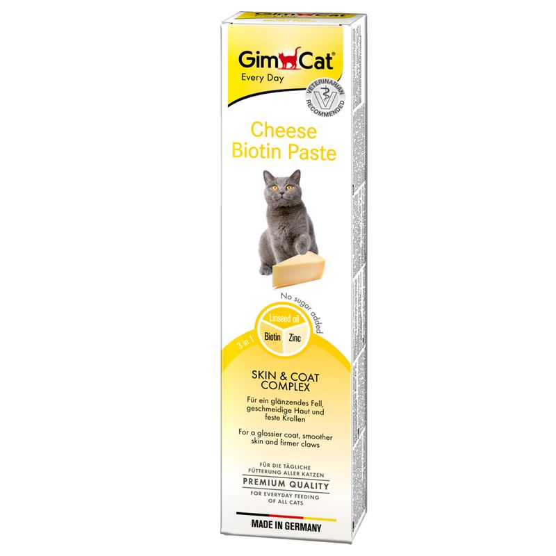 Cheese Biotin Paste with linseed oil, biotin and zinc for glossier coat, smoother skin and firmer claws. No sugar added. For everyday feeding of all cats. Made in Germany.