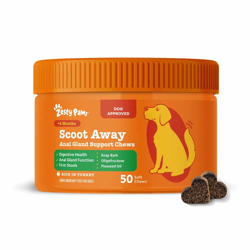 Zesty Paws Scoot Away Anal Gland Support Chews, 50 Soft Chews, for dogs from 4 months old. Contains soap bark, oligofructose, flaxseed oil. Rich in turkey.