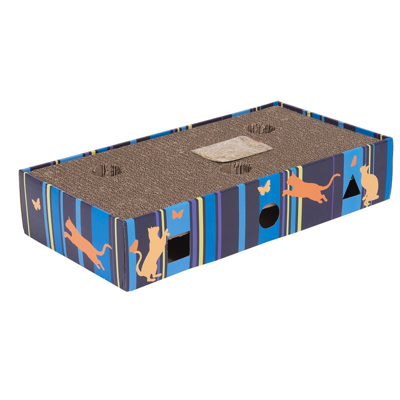 Cat toy made of cardboard with scratching surface, colourful design and openings. Decorated with cat and butterfly motifs.