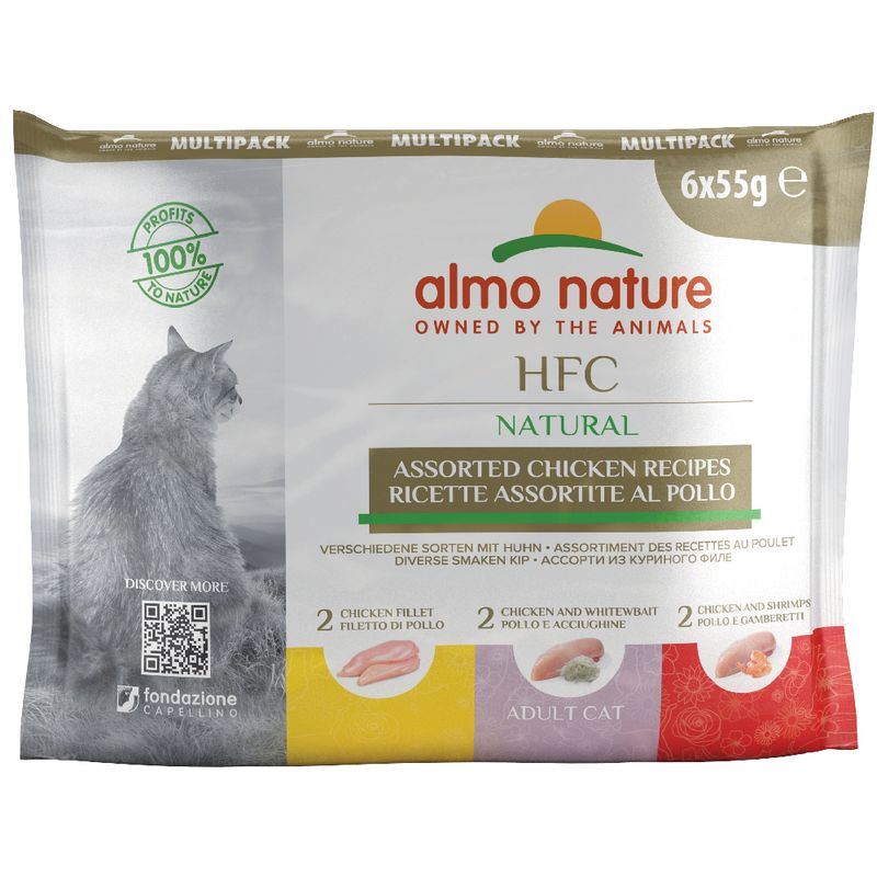 Almo Nature HFC Natural multipack, 6x55g. Various chicken varieties: fillet, whitefish, prawns. For adult cats. Profits 100% to nature. QR code for more information.