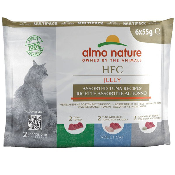 Almo Nature HFC Jelly multipack, 6x55g. Various tuna varieties: 2x tuna, 2x tuna with sole, 2x tuna with whitefish. For adult cats.