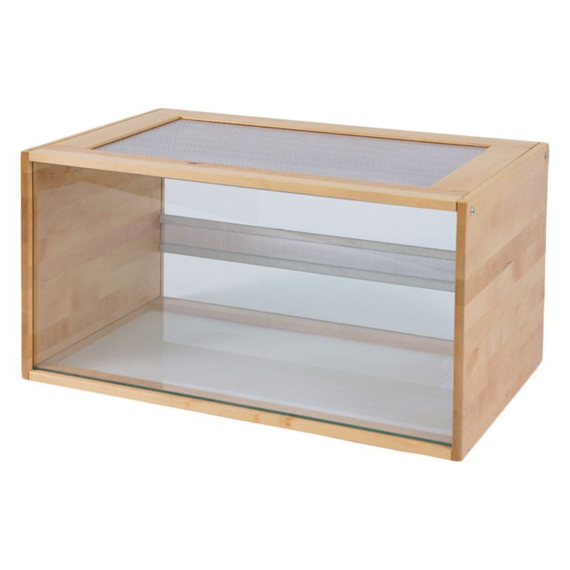 Rectangular wooden and glass enclosure with mesh ventilation on the top and back, suitable for housing small animals or reptiles. Front and sides are transparent for clear viewing.