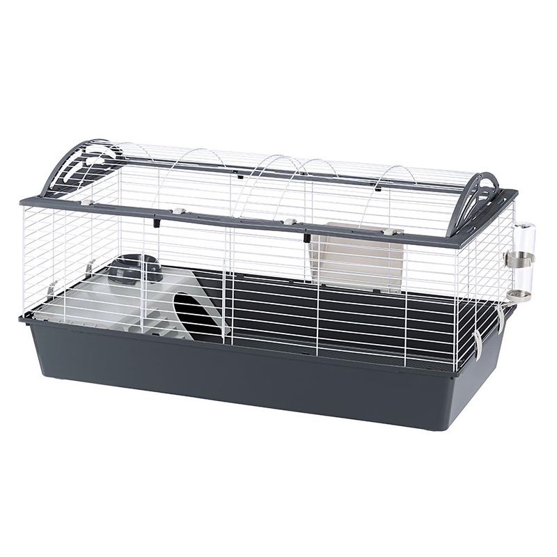 Small animal cage with white metal grid, grey plastic tray, water bottle and integrated house. Suitable for small animals.