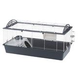 Small animal cage with white metal grid, grey plastic tray, water bottle and integrated house. Suitable for small animals.