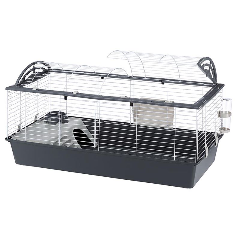 Small animal cage with metal grid walls, plastic base, water bottle and integrated house. Two hinged lids for easy access.