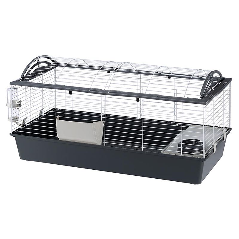 Small animal cage with metal grid walls, plastic base, feed trough and water bowl. Rounded roof opening for easy access.