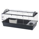 Small animal cage with metal grid walls, plastic base, feed trough and water bowl. Rounded roof opening for easy access.