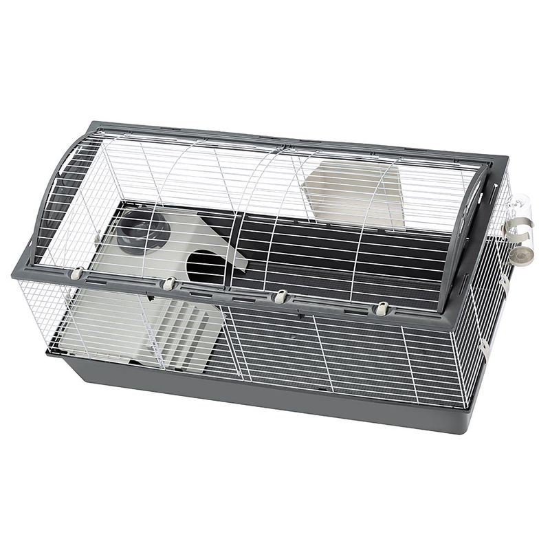 Small animal cage with metal grid walls, plastic base and integrated house. Includes water bottle and food bowl.