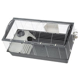 Small animal cage with metal grid walls, plastic base and integrated house. Includes water bottle and food bowl.