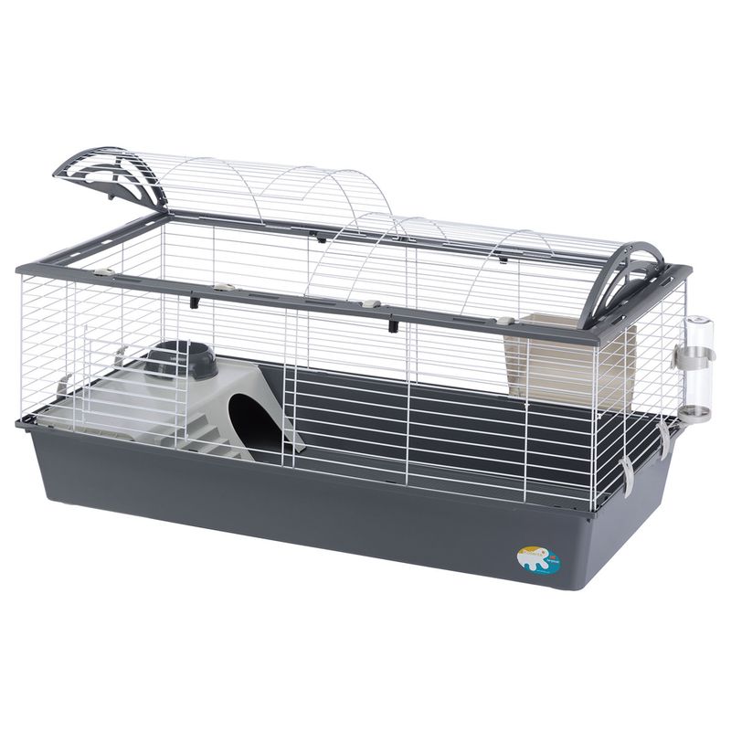Small animal cage with grey plastic base, white grid, water bottle and integrated house. Folding cover for easy access.