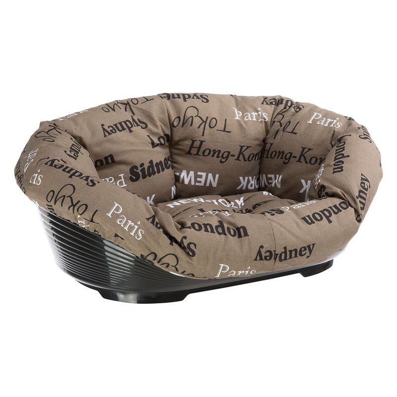 Brown pet bed with black plastic frame and printed fabric cover. Print features city names such as Paris, London, Tokyo and Sydney.