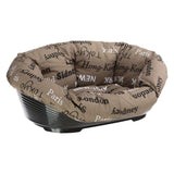 Brown pet bed with black plastic frame and printed fabric cover. Print features city names such as Paris, London, Tokyo and Sydney.