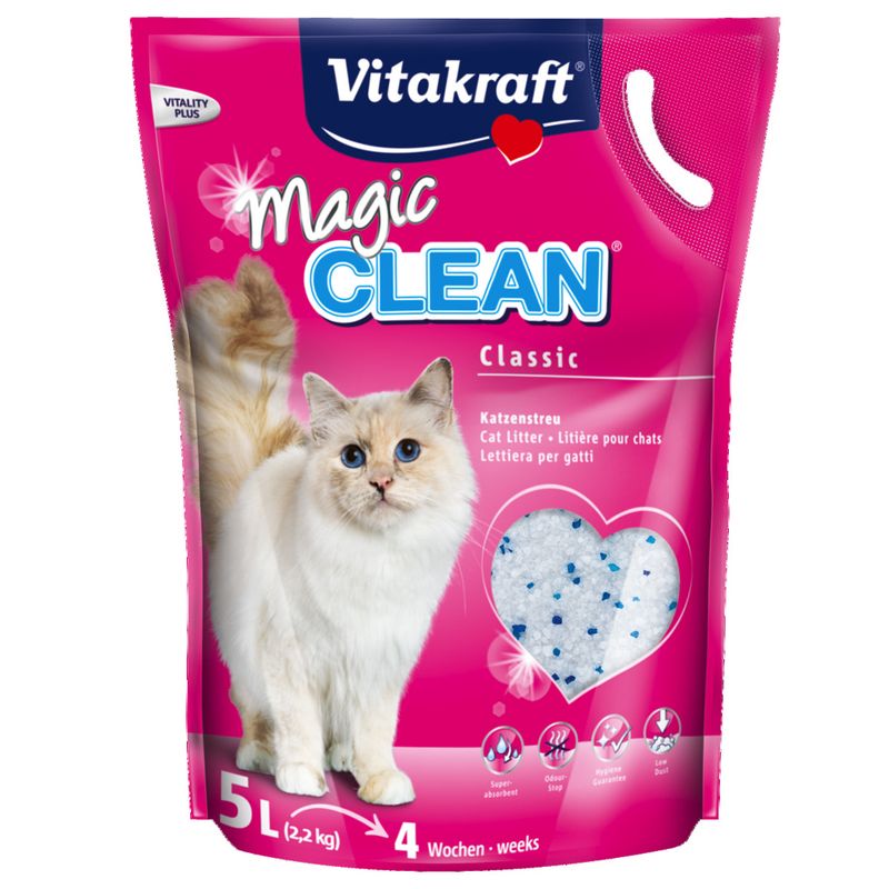Vitakraft Magic Clean Classic cat litter, 5L for 4 weeks. Features: super absorbency, odour control, hygiene guarantee, dust-free.