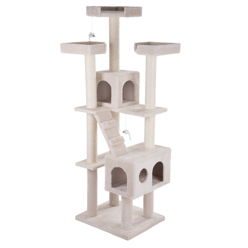 Beige scratching post with multiple levels, caves, sisal posts and play mice on strings.