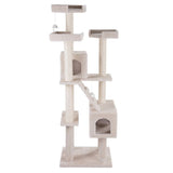 Beige scratching post with multiple levels, two caves, sisal posts and hanging toys.