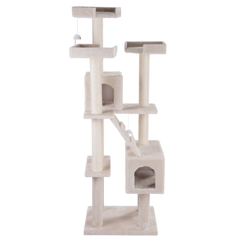 Beige scratching post with multiple levels, two caves, sisal posts and hanging toys.