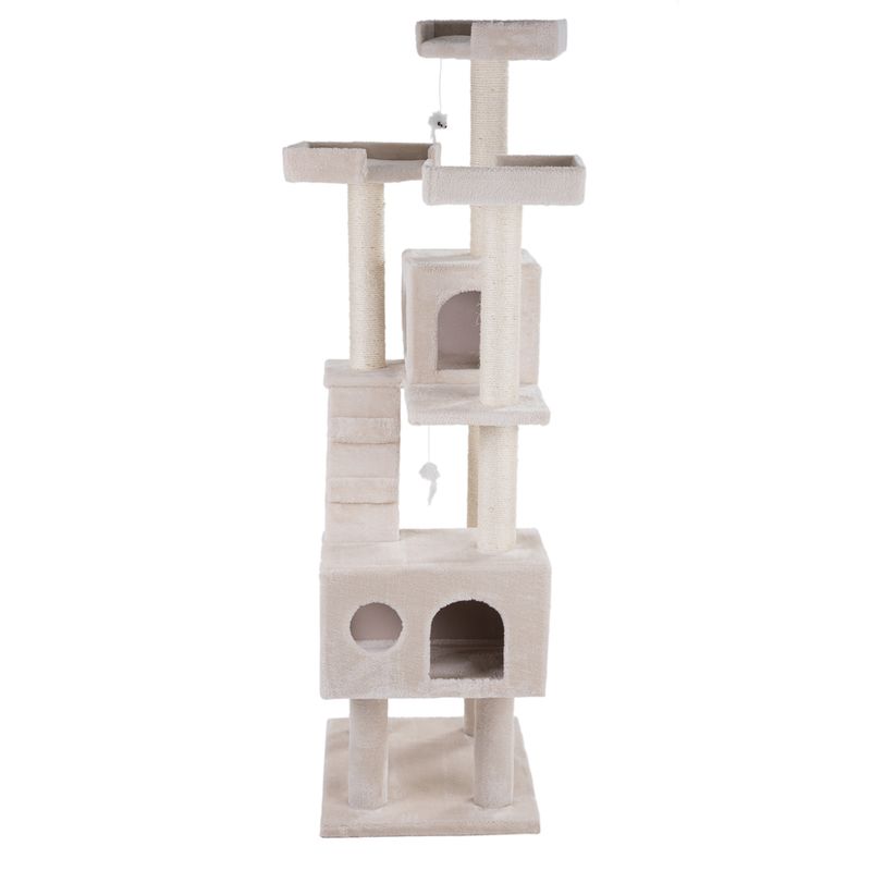 Beige scratching post with multiple levels, caves and sisal posts. Includes toys on strings for cats.