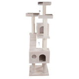 Beige scratching post with multiple levels, caves and sisal posts. Includes toys on strings for cats.
